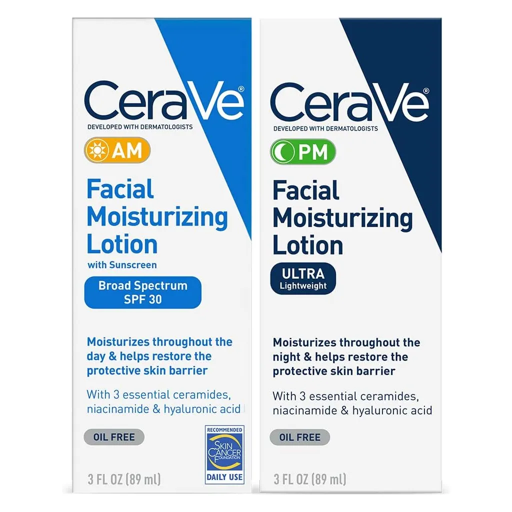 CeraVe Facial Moisturizing Lotion 3 Fl Oz (Pack of 2) AM/PM Bundle (Packaging may vary)