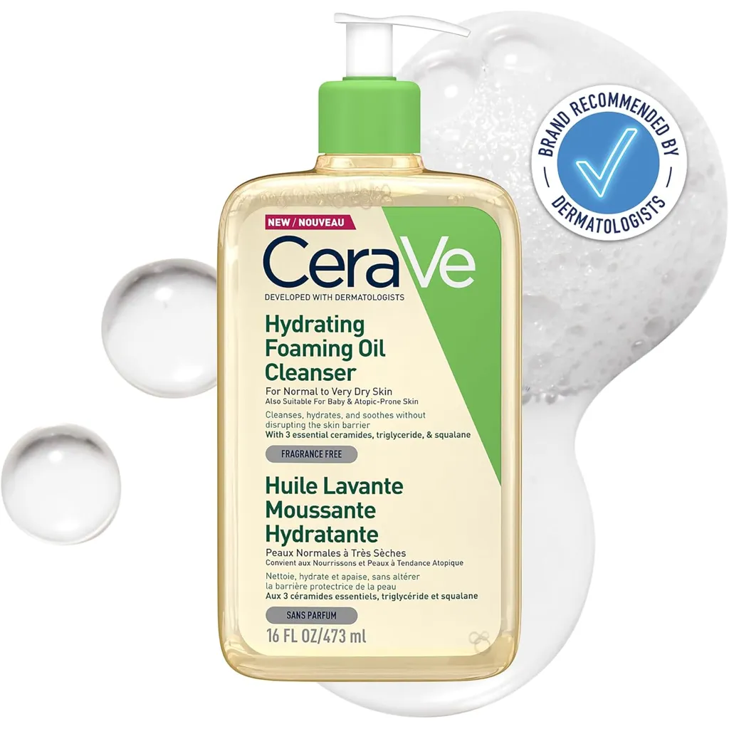 CeraVe Hydrating Foaming Oil Cleanser 473ml for Normal to Very Dry Skin with Squalane, Triglyceride and 3 Essential Ceramides. For Face and Body