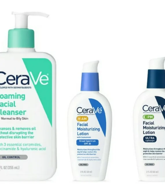 CeraVe Daily Skincare Facial Bundle – CeraVe Foaming Facial Cleanser (12 oz), AM CeraVe Facial Moisturizing Lotion with Sunscreen (2 oz), and PM Facial Moisturizing Lotion (2 oz)