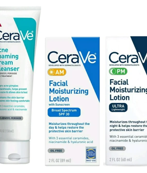 CeraVe Daily Skincare Acne Treatment Bundle Acne Foaming Cream Cleanser (5 fl oz), AM Facial Moisturizing Lotion with Sunscreen (2 oz), and PM Facial Moisturizing Lotion (2 oz)