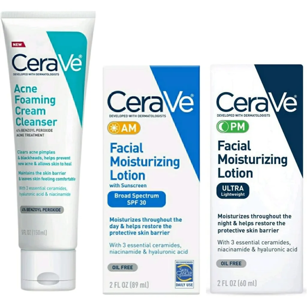 CeraVe Daily Skincare Acne Treatment Bundle Acne Foaming Cream Cleanser (5 fl oz), AM Facial Moisturizing Lotion with Sunscreen (2 oz), and PM Facial Moisturizing Lotion (2 oz)