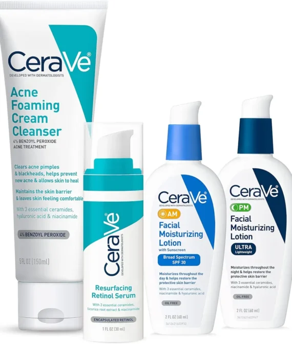 CeraVe Skin Care Set for Acne Treatment with Face Wash with Benzoyl Peroxide, Retinol Serum, AM Face Moisturizer with SPF & PM Face Moisturizer,5oz Cleanser + 1oz Serum + 2oz AM Lotion + 2oz PM Lotion