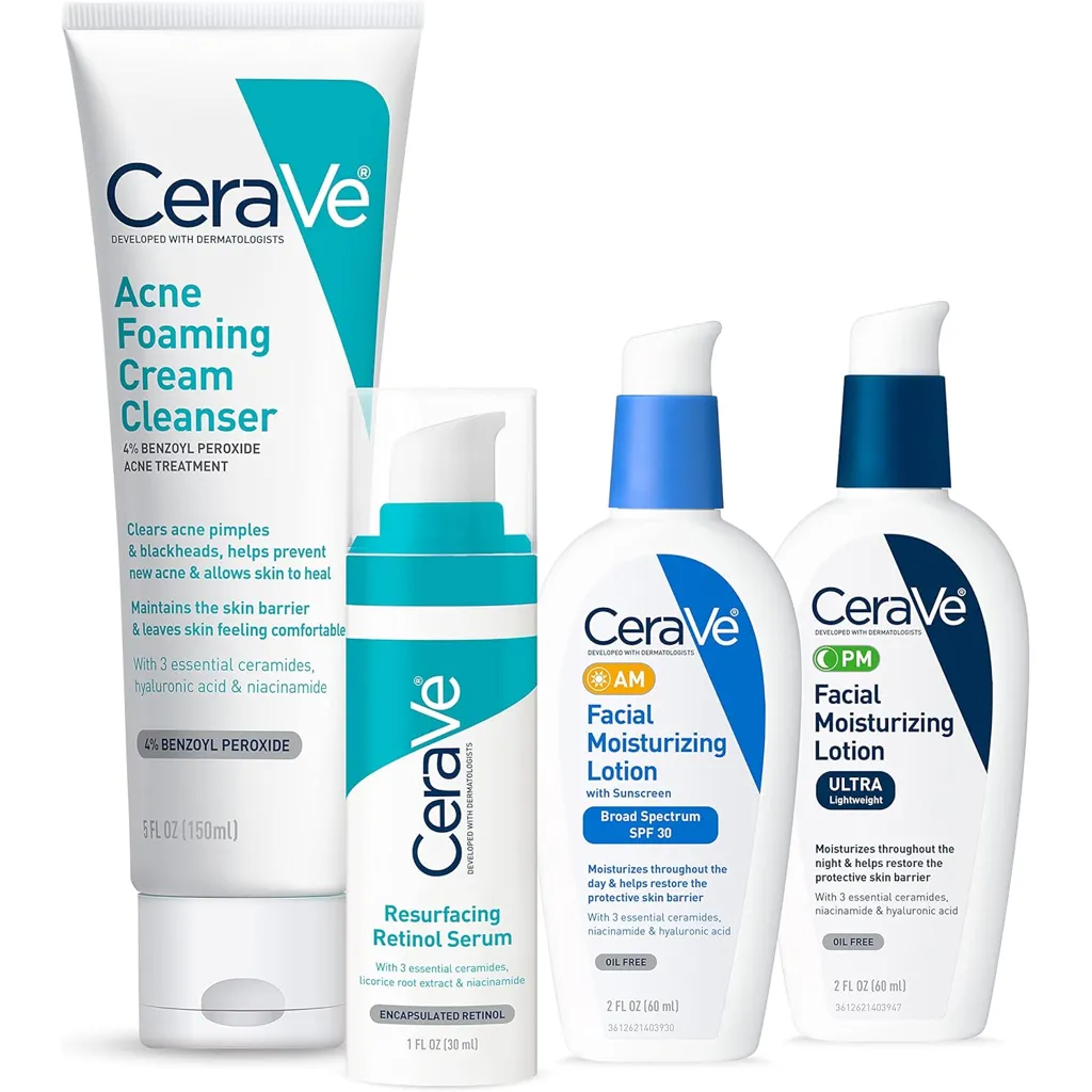 CeraVe Skin Care Set for Acne Treatment with Face Wash with Benzoyl Peroxide, Retinol Serum, AM Face Moisturizer with SPF & PM Face Moisturizer,5oz Cleanser + 1oz Serum + 2oz AM Lotion + 2oz PM Lotion