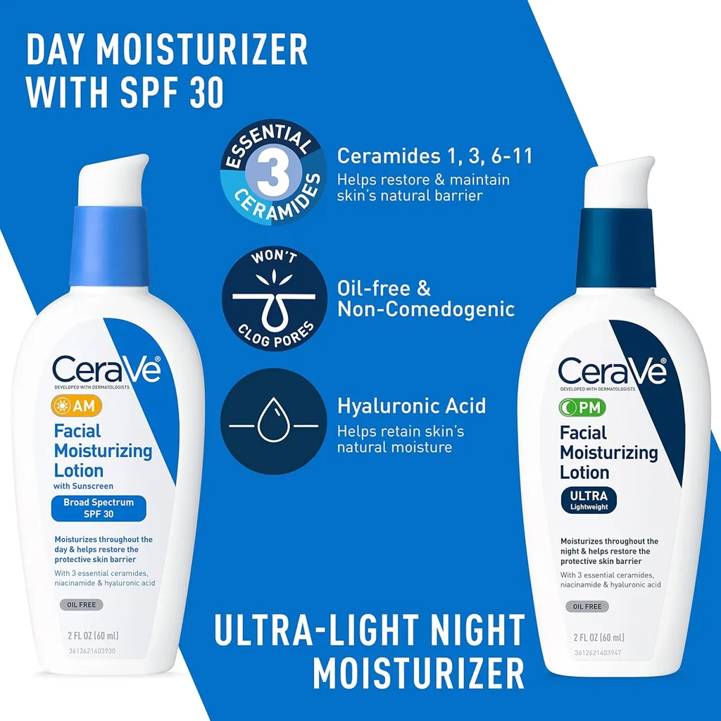 CeraVe Skin Care Set for Acne Treatment with Face Wash with Benzoyl Peroxide, Retinol Serum, AM Face Moisturizer with SPF & PM Face Moisturizer,5oz Cleanser + 1oz Serum + 2oz AM Lotion + 2oz PM Lotion - Image 5