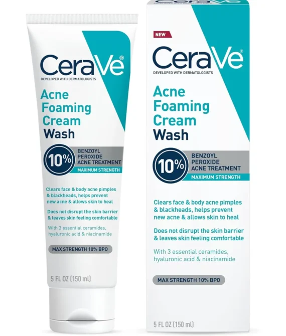 CeraVe Acne Foaming Cream Wash | Gentle Face and Body Acne Cleanser with Benzoyl Peroxide 10%, Hyaluronic Acid, and Niacinamide | Acne Treatment Clears Pimples, Blackheads, Chest and Back Acne | 5 Oz