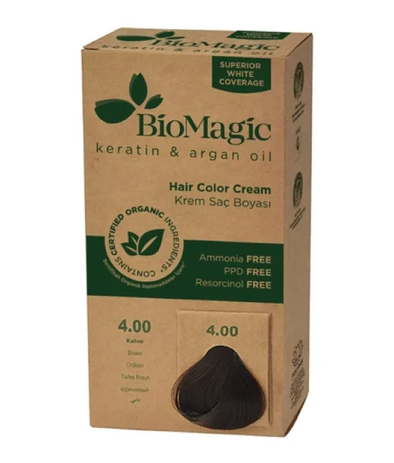 Biomagic Permanent Hair Color for a Natural Look, Keratin & Argan Oil Line, Ammonia FREE Dye, Contains Certified Organic Ingredients (4.00 Brown)