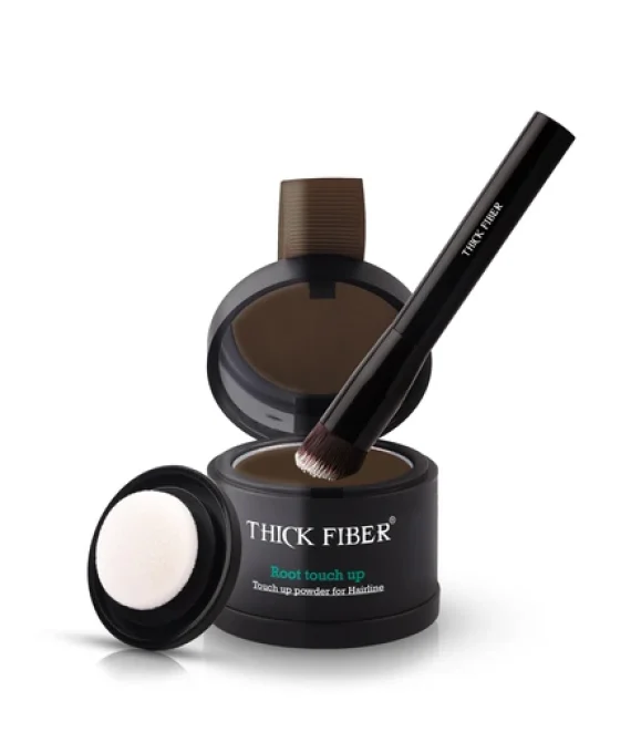THICK FIBER Root Touch Up & Hairline Powder for Grey Root Coverage & Thin Hair Water & Sweat Resistant with Precise Brush Hair Loss Concealer for Roots, Bald Spots & Fill-In (Dark Brown)