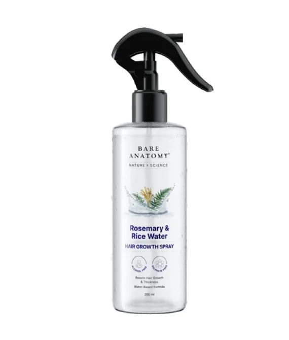 Bare Anatomy Nature x Science Rosemary Water Spray for Hair Growth & Hair Thickness with Rice Water 100% Natural Extract Soft & Smooth Hair Controls Hairfall Non-Greasy & Fast Absorbing 200 ml