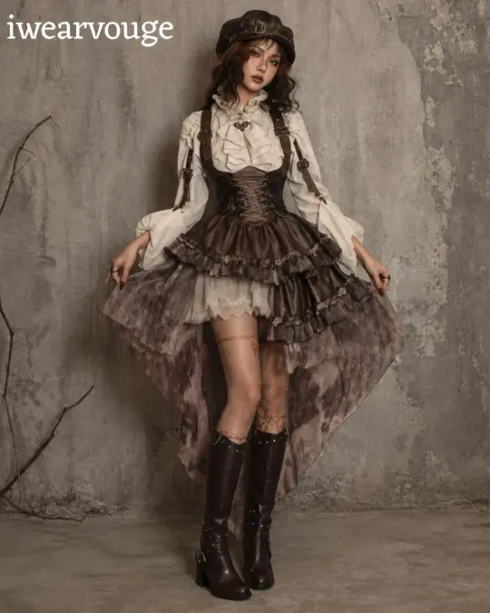 Steampunk Victorian Dress, Brown Corset Cosplay Costume, Gothic Lolita Dress, Pirate Renaissance Outfit, High Low Ruffle Dress