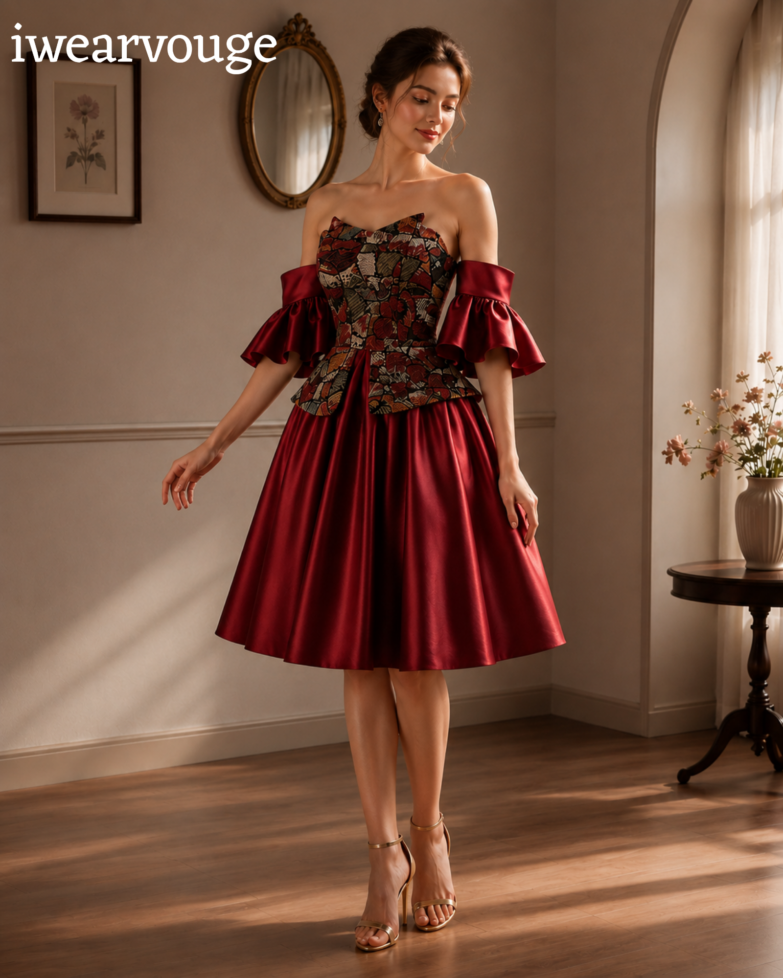 Burgundy Off Shoulder Midi Dress, Satin Corset Party Dress, Brocade Bodice Vintage Gothic Dress, Victorian Cocktail Dress - Image 10