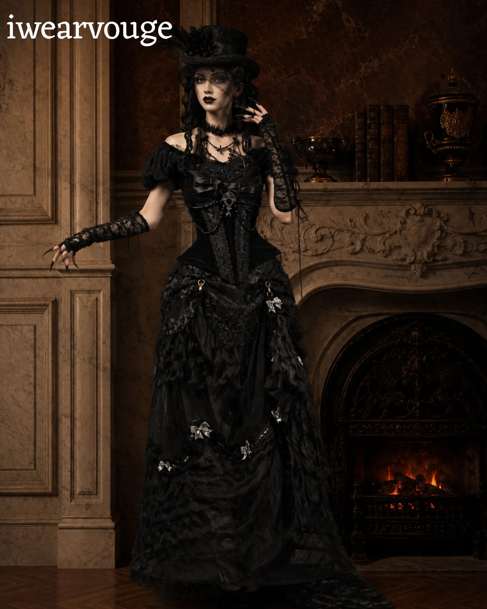 Black Gothic Victorian Dress, Steampunk Corset Gown, Vampire Witch Costume, Gothic Lolita Dress, Renaissance Cosplay Outfit - Image 9