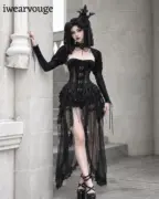 Black Gothic Corset Dress, Victorian Vampire Costume, Steampunk Lolita Dress, High Low Lace Gown, Halloween Cosplay Outfit