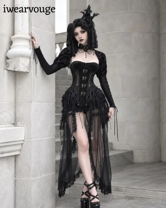 Black Gothic Corset Dress, Victorian Vampire Costume, Steampunk Lolita Dress, High Low Lace Gown, Halloween Cosplay Outfit