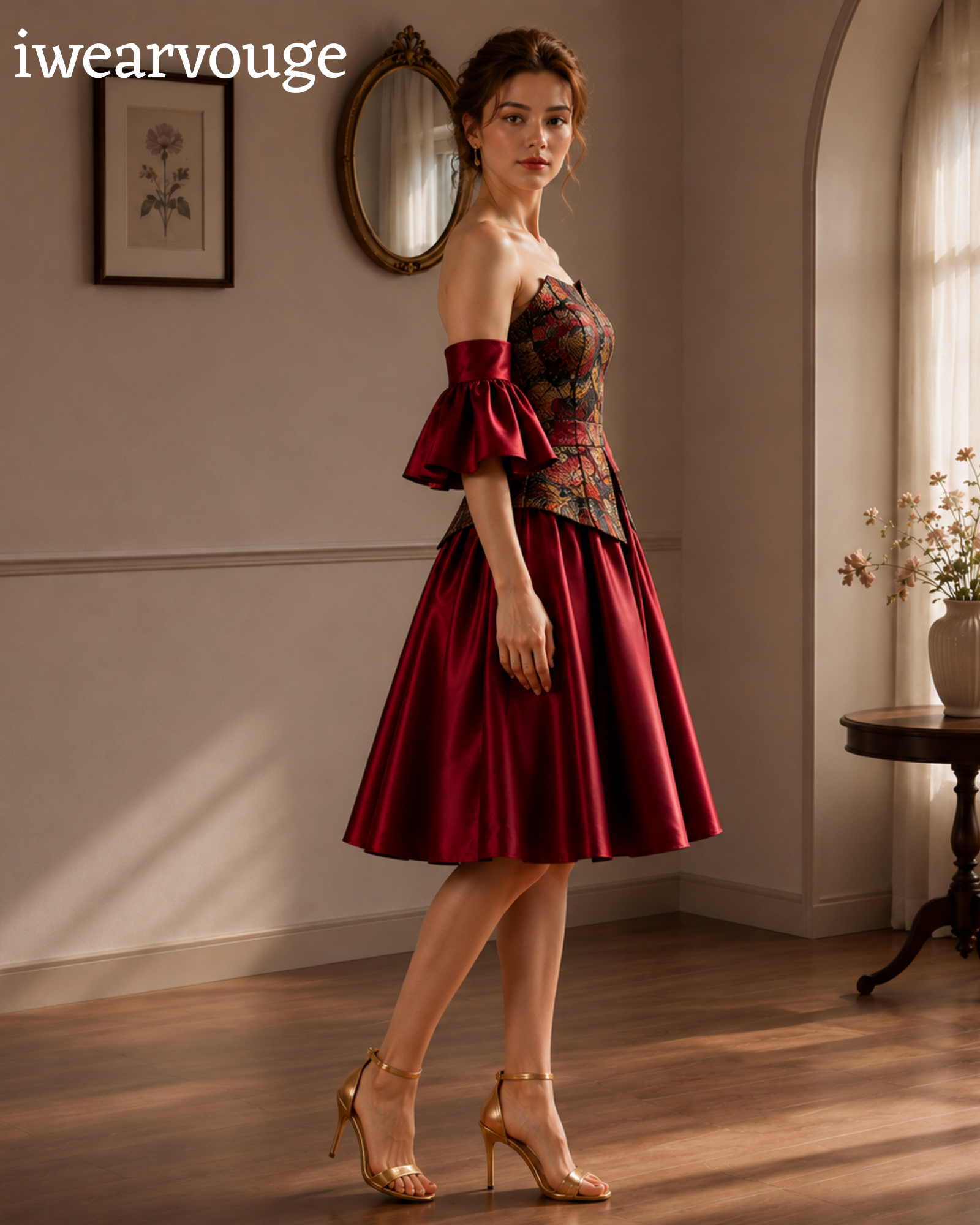 Burgundy Off Shoulder Midi Dress, Satin Corset Party Dress, Brocade Bodice Vintage Gothic Dress, Victorian Cocktail Dress - Image 4