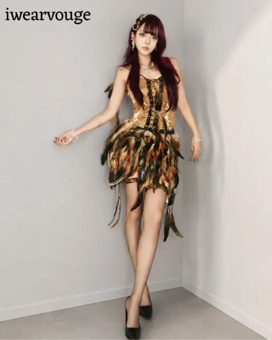 Feather Corset Dress, Brown Fantasy Costume, Tribal Fairy Dress, Steampunk Festival Outfit, Woodland Cosplay Mini Dress