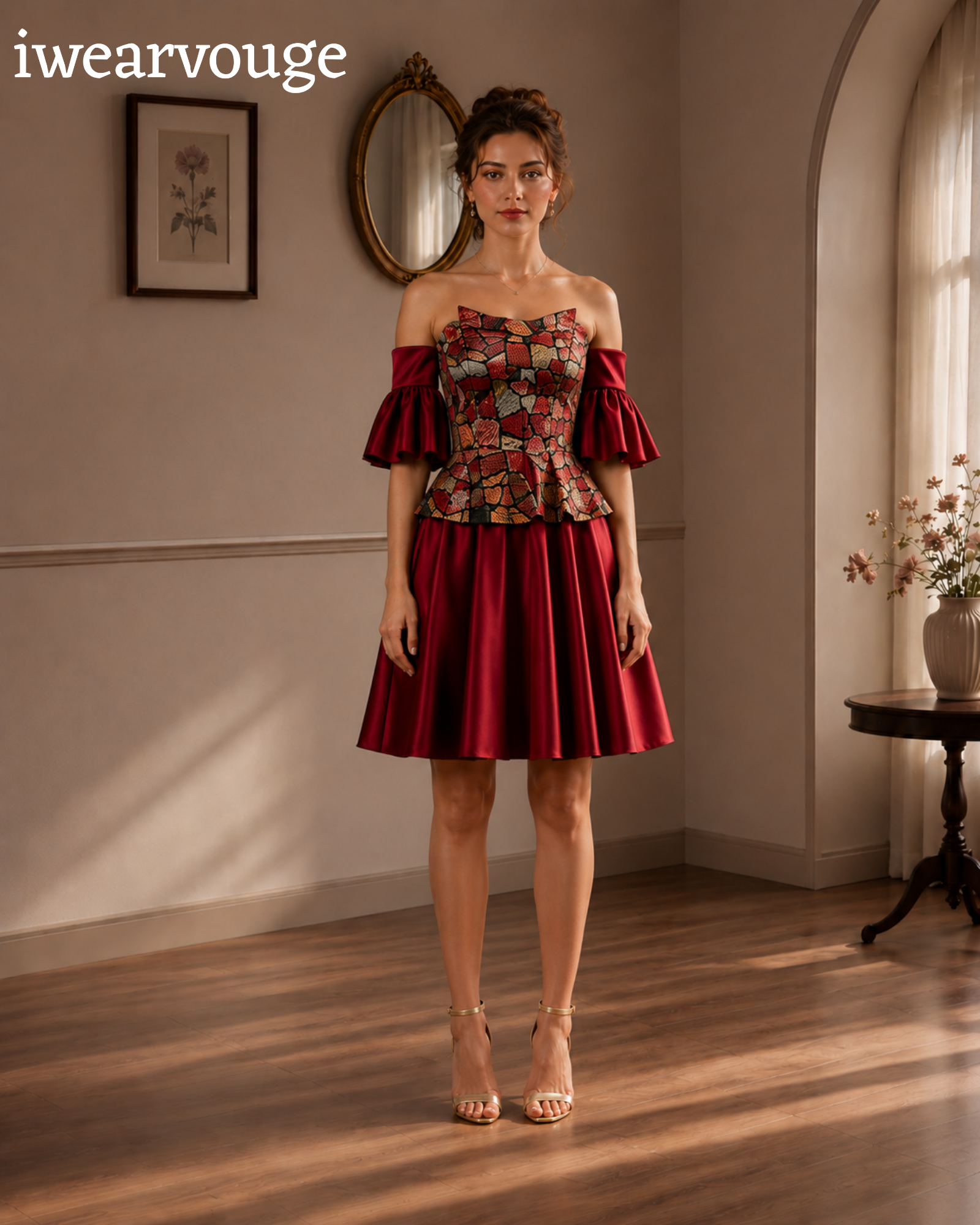 Burgundy Off Shoulder Midi Dress, Satin Corset Party Dress, Brocade Bodice Vintage Gothic Dress, Victorian Cocktail Dress - Image 2