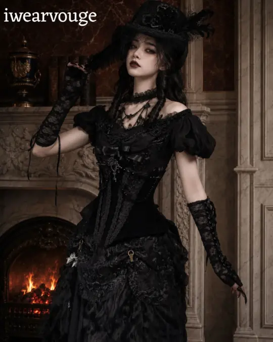Black Gothic Victorian Dress, Steampunk Corset Gown, Vampire Witch Costume, Gothic Lolita Dress, Renaissance Cosplay Outfit