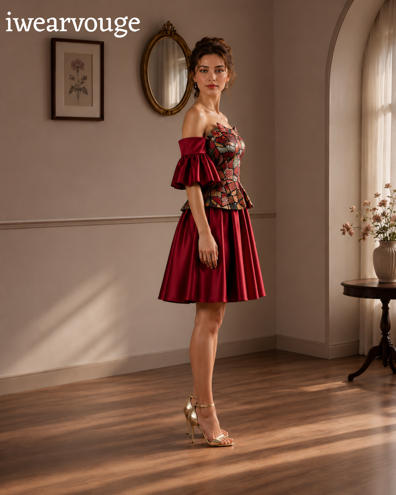 Burgundy Off Shoulder Midi Dress, Satin Corset Party Dress, Brocade Bodice Vintage Gothic Dress, Victorian Cocktail Dress - Image 6