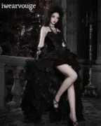 Black Gothic Dress, Victorian Vampire Costume, High Low Lace Gown, Gothic Lolita Dress, Dark Princess Cosplay, Halloween Outfit