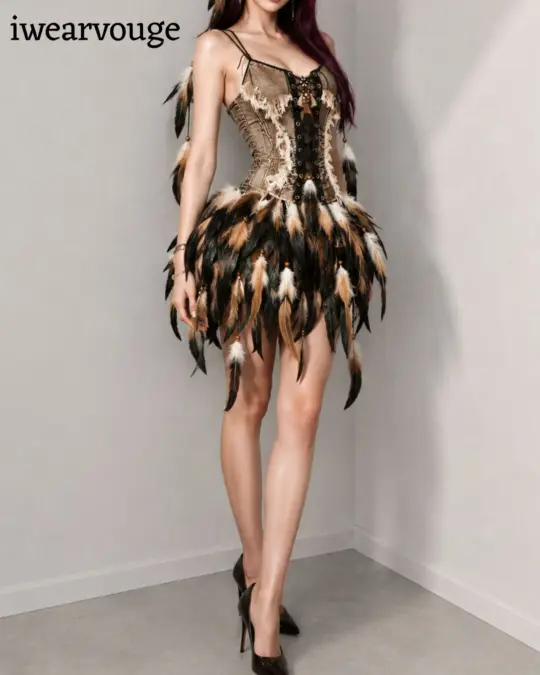 Feather Corset Dress, Brown Fantasy Costume, Tribal Fairy Dress, Steampunk Festival Outfit, Woodland Cosplay Mini Dress