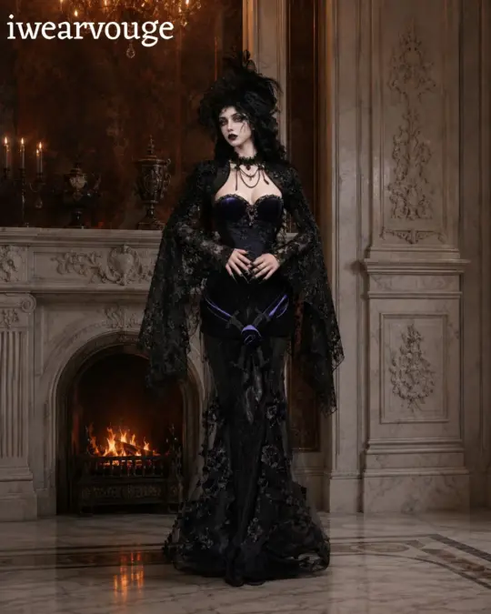 Black Gothic Victorian Gown, Vampire Queen Dress, Purple Corset Costume, Dark Fantasy Cosplay, Witch Dress, Gothic Halloween Outfit