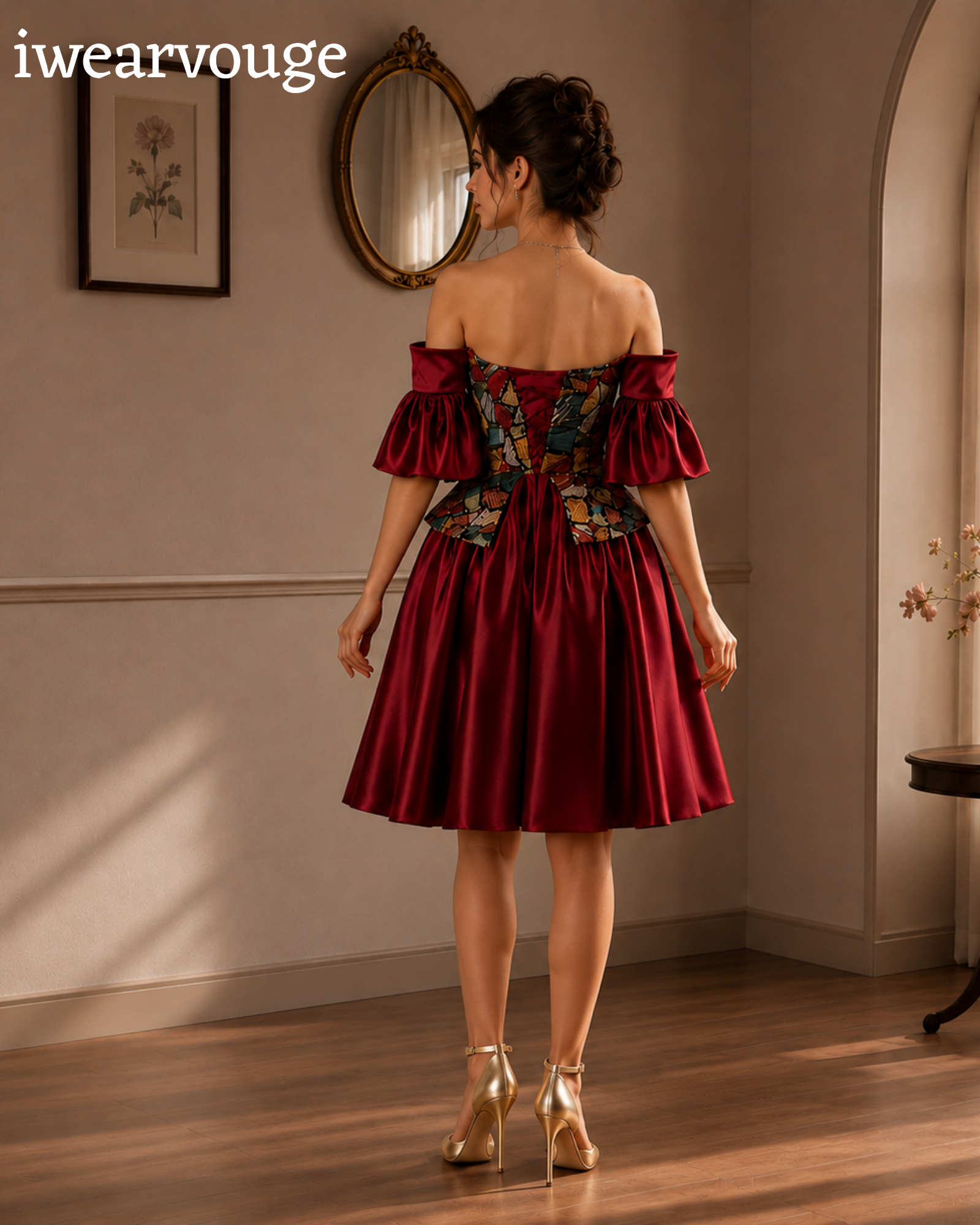 Burgundy Off Shoulder Midi Dress, Satin Corset Party Dress, Brocade Bodice Vintage Gothic Dress, Victorian Cocktail Dress - Image 3