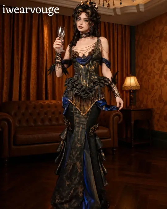 Black Gold Victorian Corset Gown, Steampunk Mermaid Dress, Gothic Burlesque Costume, Blue Fantasy Cosplay, Masquerade Ball Outfit