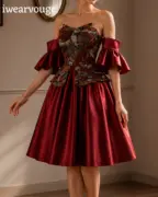 Burgundy Off Shoulder Midi Dress, Satin Corset Party Dress, Brocade Bodice Vintage Gothic Dress, Victorian Cocktail Dress