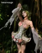 Floral Fairy Dress, Woodland Fairy Corset Gown, Green Pink Fantasy Costume, Fairycore Tulle Dress, Renaissance Cosplay Outfit