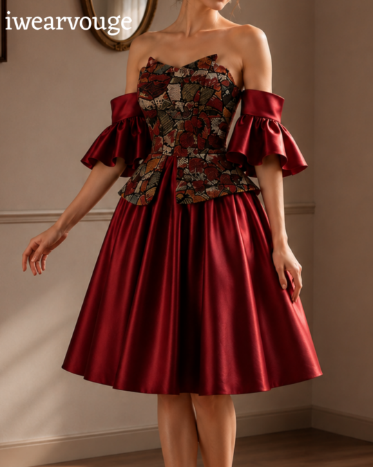 Burgundy Off Shoulder Midi Dress, Satin Corset Party Dress, Brocade Bodice Vintage Gothic Dress, Victorian Cocktail Dress