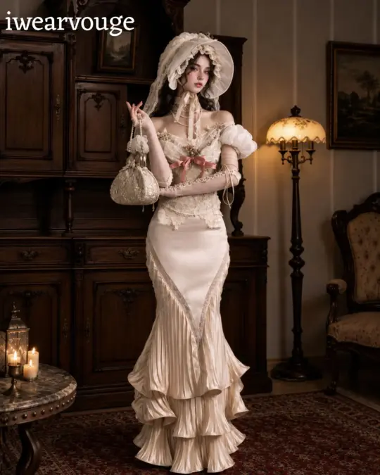 Ivory Victorian Dress, Edwardian Mermaid Gown, Vintage Lace Corset Dress, Romantic Historical Costume, Cottagecore Bridal Cosplay
