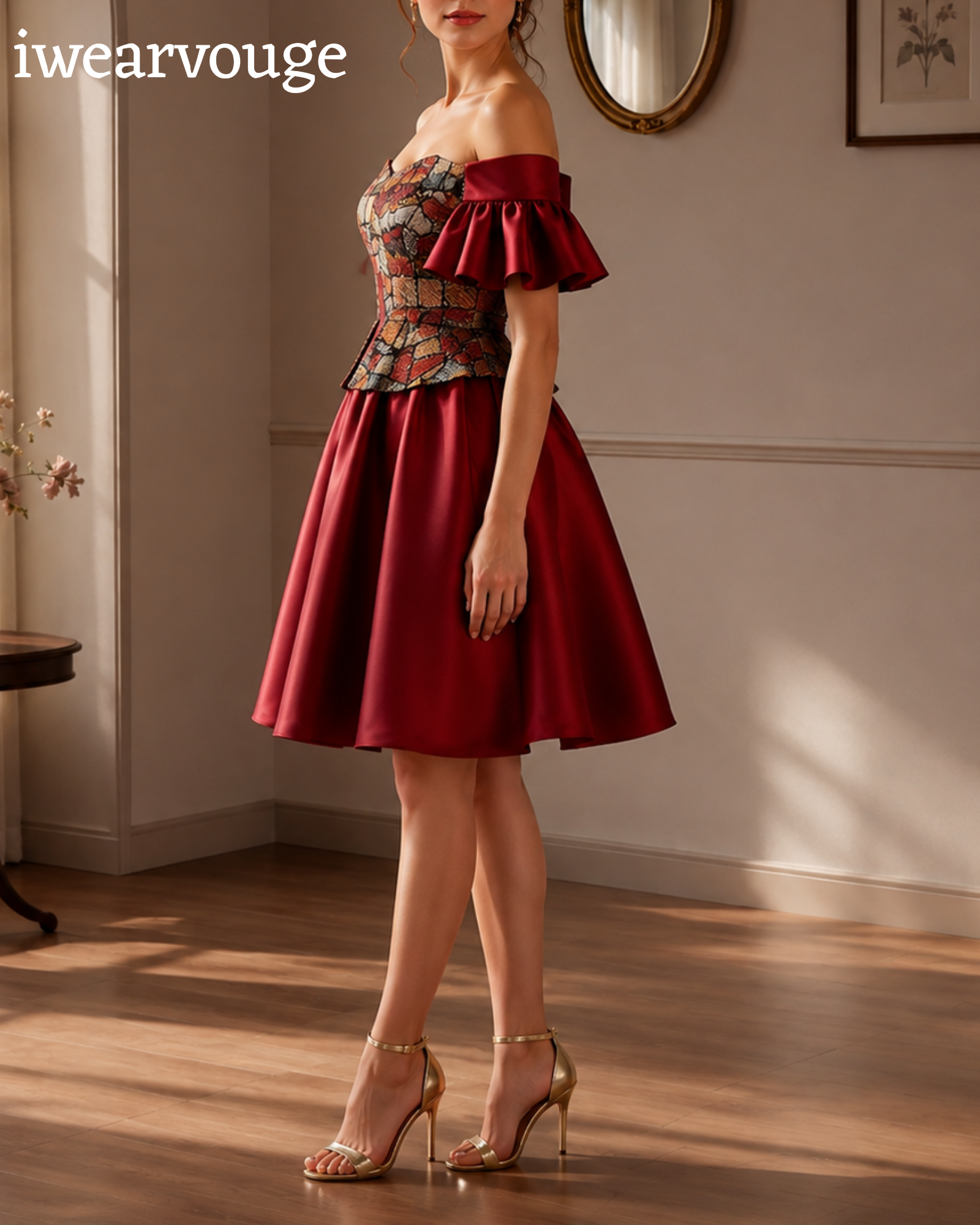 Burgundy Off Shoulder Midi Dress, Satin Corset Party Dress, Brocade Bodice Vintage Gothic Dress, Victorian Cocktail Dress - Image 8