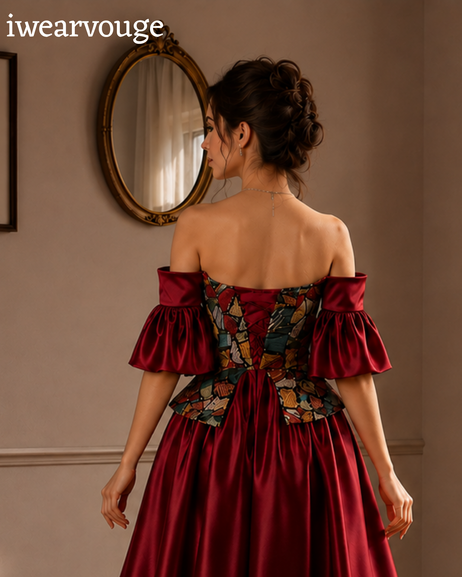 Burgundy Off Shoulder Midi Dress, Satin Corset Party Dress, Brocade Bodice Vintage Gothic Dress, Victorian Cocktail Dress - Image 9