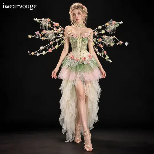 Fairycore Floral Corset Mini Dress, Woodland Fantasy Costume, Pastel Tulle Dress