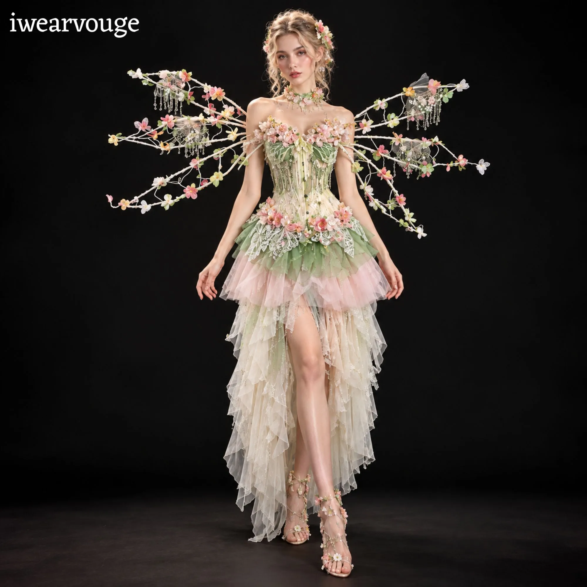 Fairycore Floral Corset Mini Dress, Woodland Fantasy Costume, Pastel Tulle Dress