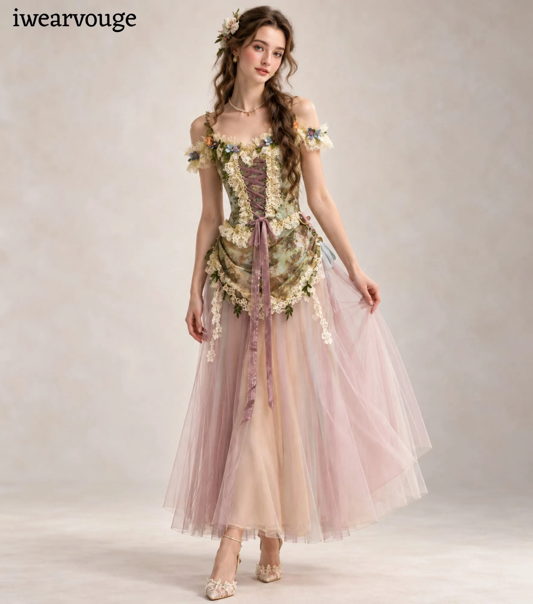 Vintage Fairy Corset Dress, Cottagecore Tulle Gown, Romantic Woodland Fantasy Costume - Image 3