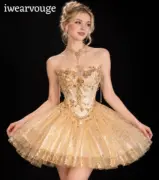 Gold Glitter Corset Mini Dress, Princess Fairy Costume, Sparkly Tulle Party Gown