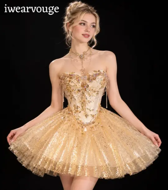 Gold Glitter Corset Mini Dress, Princess Fairy Costume, Sparkly Tulle Party Gown