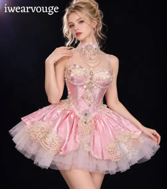 Pink Princess Corset Mini Dress, Rococo Lace Tulle Gown, Fairycore Cosplay Costume