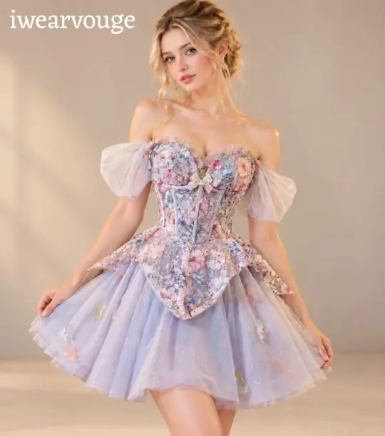 Lavender Floral Corset Mini Dress, Fairycore Tulle Gown, Romantic Fantasy Costume
