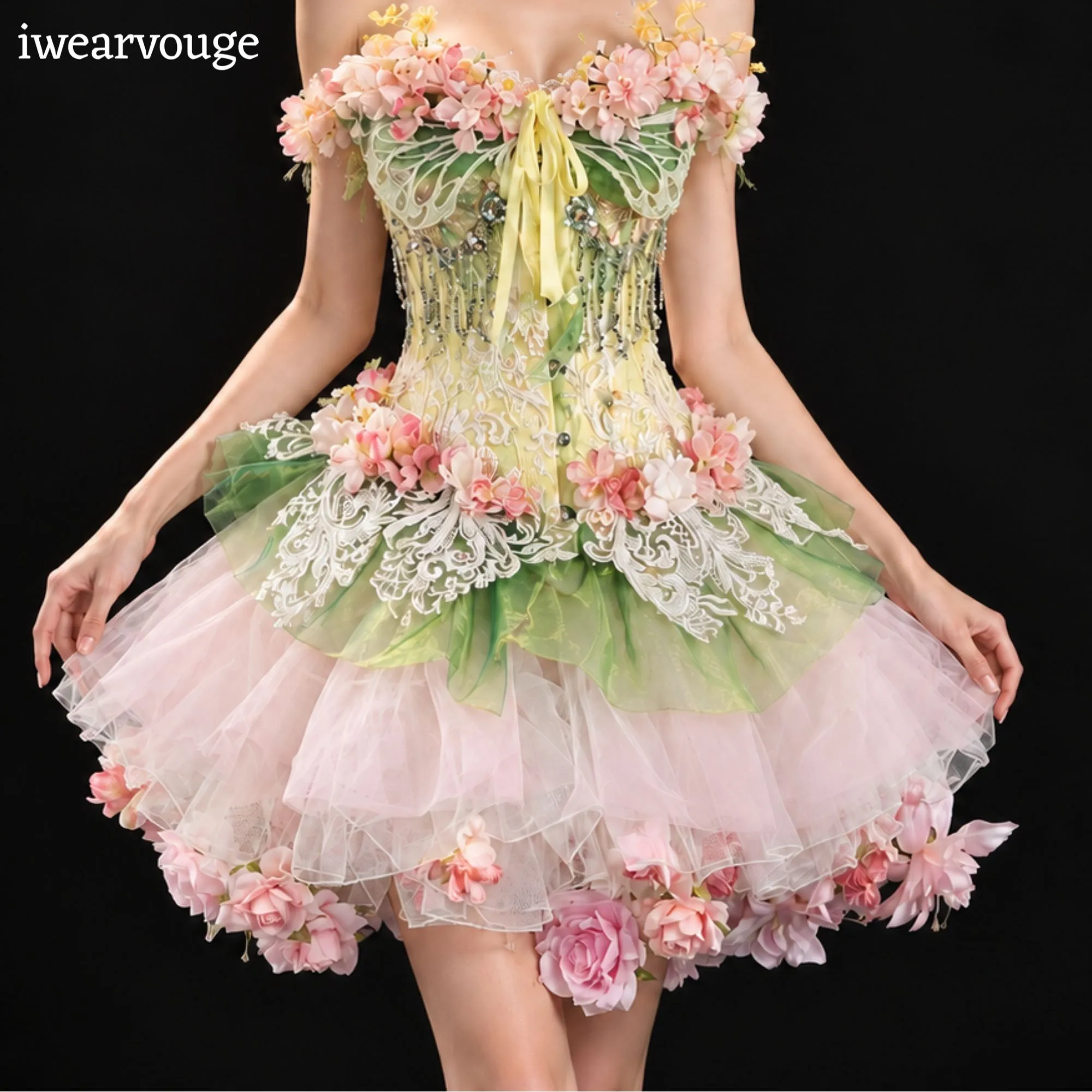 Fairycore Floral Corset Mini Dress, Woodland Fantasy Costume, Pastel Tulle Dress - Image 4