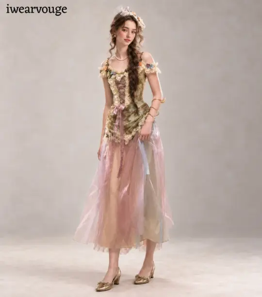 Vintage Fairy Corset Dress, Cottagecore Tulle Gown, Romantic Woodland Fantasy Costume