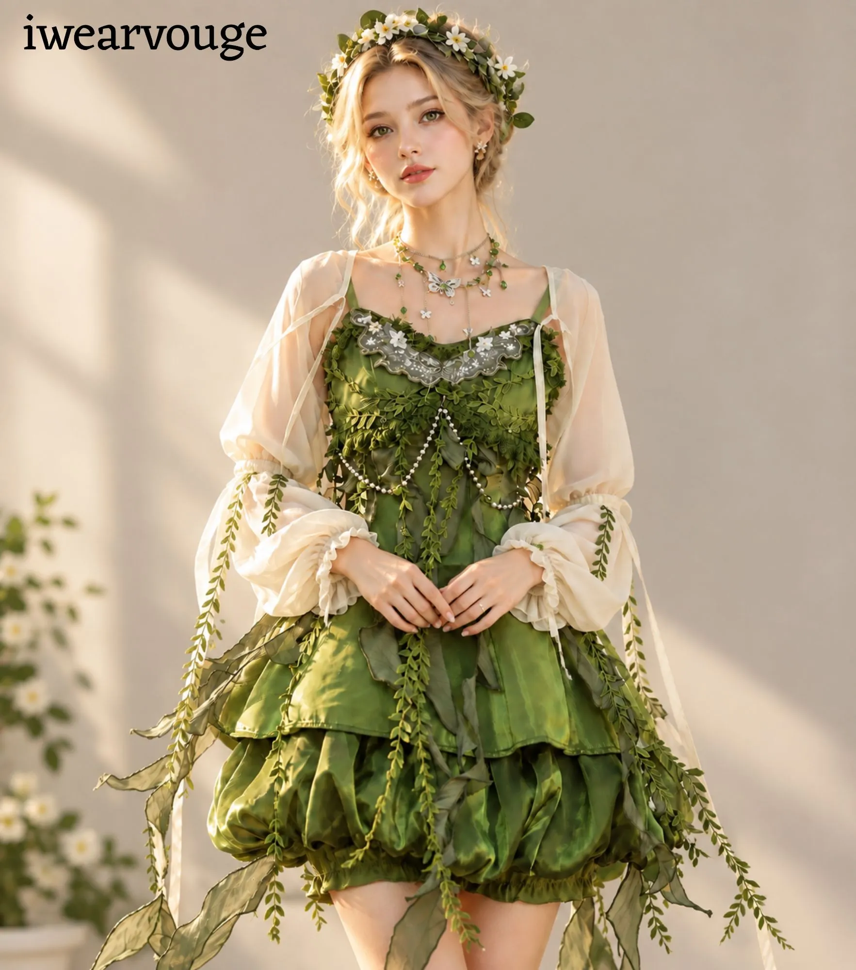 Green Woodland Fairy Dress, Leaf Corset Mini Gown, Cottagecore Fantasy Costume - Image 2