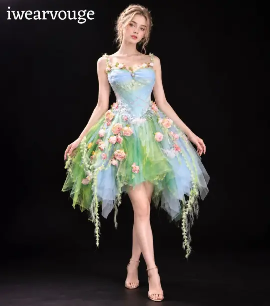 Blue Green Fairy Fantasy Dress, Floral Garden Princess Costume, Fairy Cosplay Gown