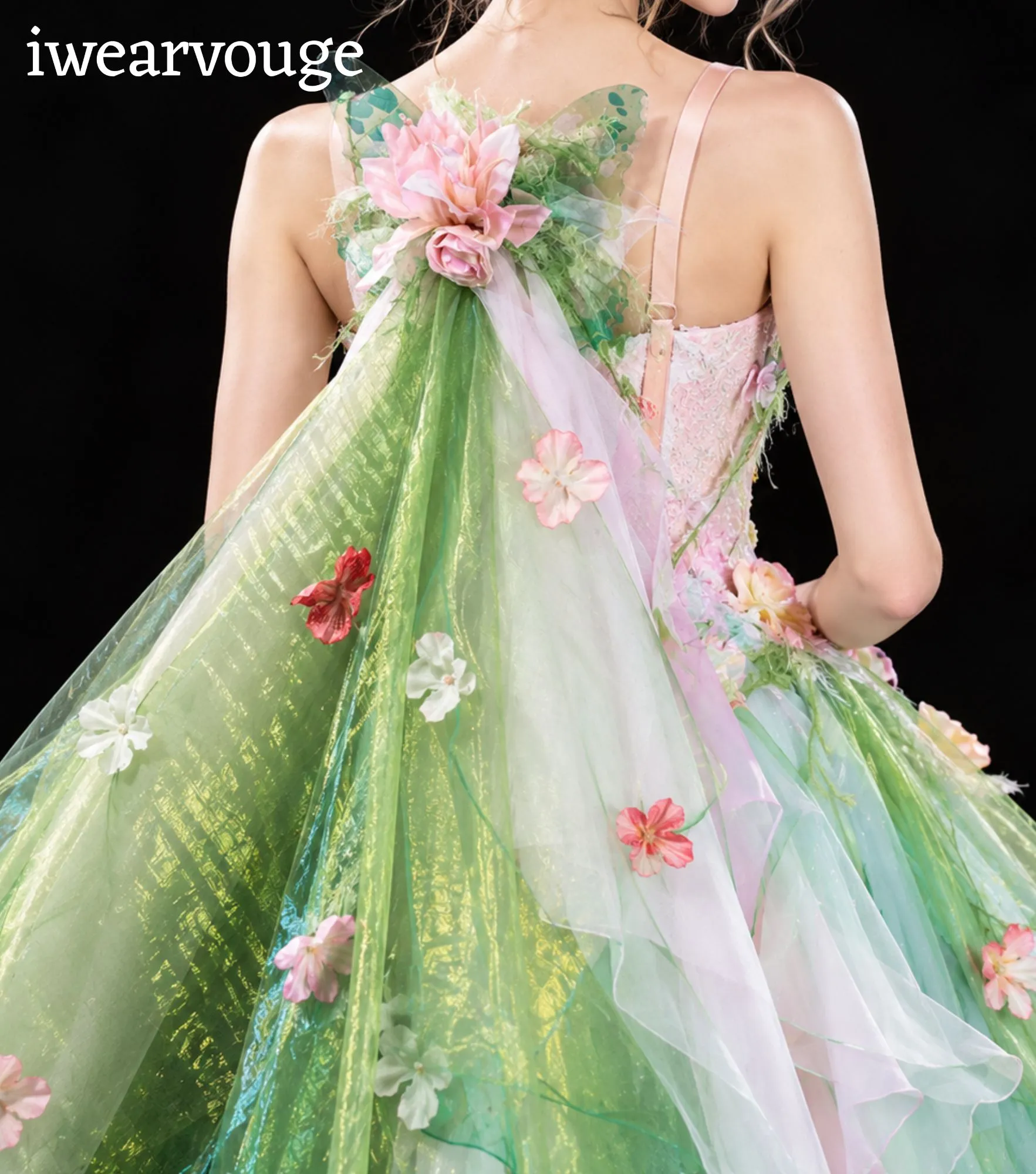 Mint Green Floral Fairy Dress, Pink Rose Fantasy Costume, Fairycore Tulle Gown - Image 5