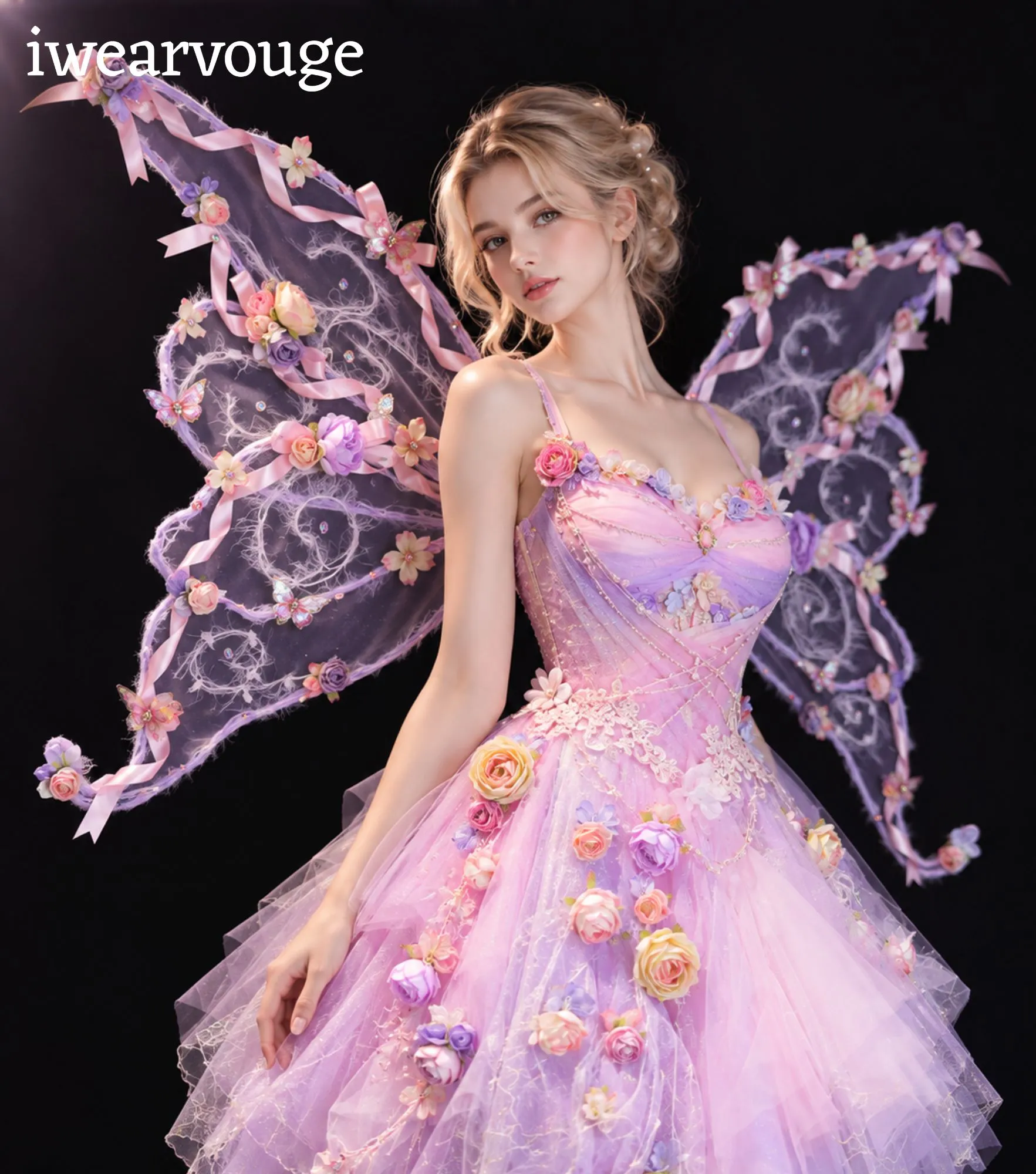 Purple Pink Fairy Dress with Wings, Floral Fantasy Costume, Fairycore Tulle Gown - Image 2
