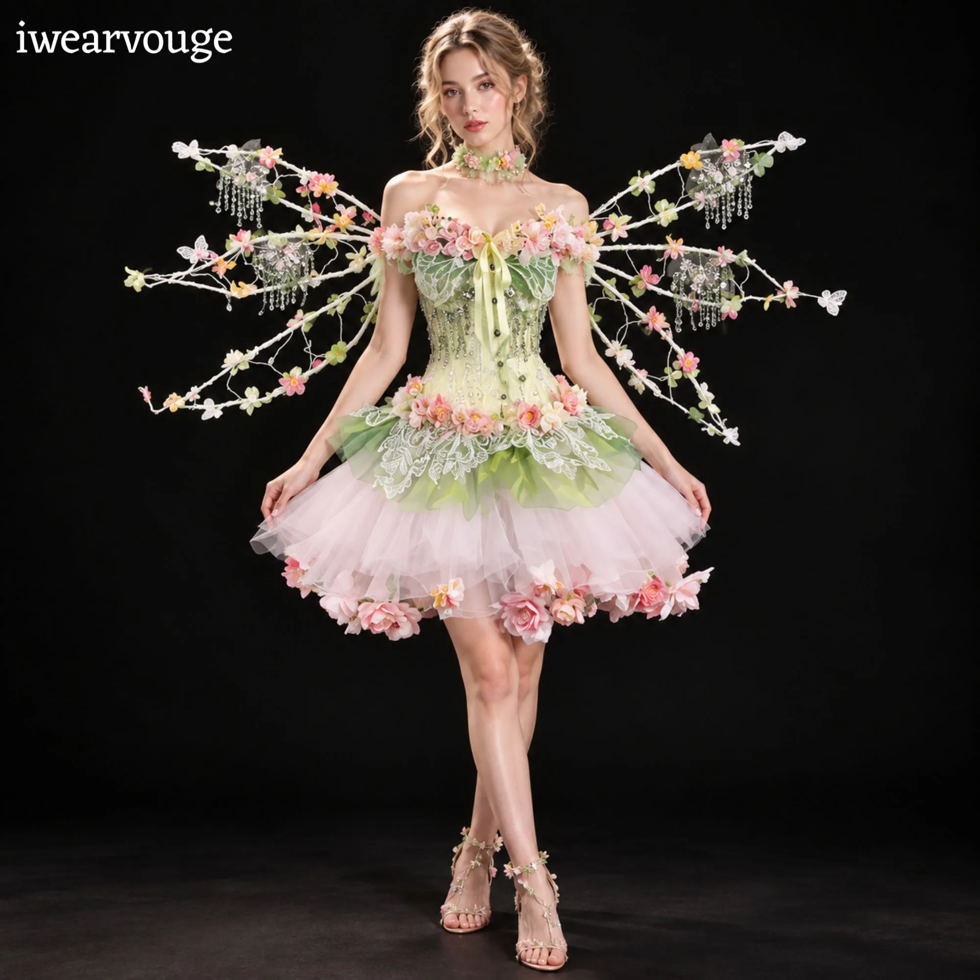Fairycore Floral Corset Mini Dress, Woodland Fantasy Costume, Pastel Tulle Dress - Image 5