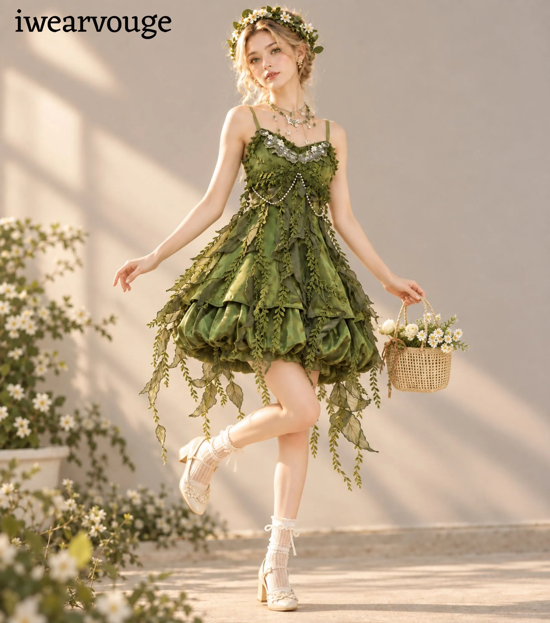 Green Woodland Fairy Dress, Leaf Corset Mini Gown, Cottagecore Fantasy Costume - Image 5