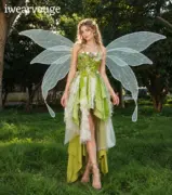 Green Fairy Dress with Wings, Woodland Fantasy Costume, Floral Fairycore Gown