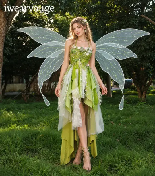 Green Fairy Dress with Wings, Woodland Fantasy Costume, Floral Fairycore Gown
